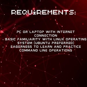 Peut inclure: Un fond rouge avec du texte blanc d&eacute;crivant les exigences d'un cours de programmation informatique. Le texte indique : EXIGENCES : PC ou ordinateur portable avec connexion Internet. Connaissance de base du syst&egrave;me d'exploitation Linux (Ubuntu pr&eacute;f&eacute;r&eacute;). Envie d'apprendre et de pratiquer les op&eacute;rations en ligne de commande.