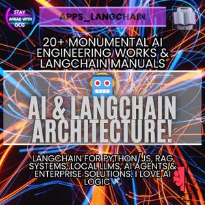 Könnte beinhalten: Ein digitales Bild mit einem dynamischen Hintergrund aus orangefarbenen und blauen Lichtspuren. Text enthält "APPS_LANGCHAIN", "20+ MONUMENTAL AI ENGINEERING WORKS & LANGCHAIN MANUALS" und "AI & LANGCHAIN ARCHITECTURE!". Weitere Texte erwähnen Python, JS und KI.