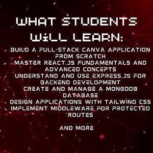 K&ouml;nnte beinhalten: Eine rote und schwarze Grafik mit wei&szlig;em Text, der "WHAT STUDENTS WILL LEARN:" lautet und die F&auml;higkeiten auflistet, die Studenten in einem Full-Stack-Entwicklungskurs erlernen werden. Zu den F&auml;higkeiten geh&ouml;ren das Erstellen einer Full-Stack-Canva-Anwendung von Grund auf, die Beherrschung der Grundlagen und fortgeschrittenen Konzepte von React.js, das Verst&auml;ndnis und die Verwendung von Express.js f&uuml;r die Backend-Entwicklung, das Erstellen und Verwalten einer MongoDB-Datenbank, das Entwerfen von Anwendungen mit Tailwind CSS, die Implementierung von Middleware f&uuml;r gesch&uuml;tzte Routen und vieles mehr.