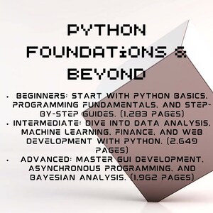 May include: A text-based graphic with the title "Python Foundations & Beyond" and a description of the book's contents for beginners, intermediate, and advanced learners. The book covers topics such as programming fundamentals, data analysis, machine learning, finance, web development, GUI development, asynchronous programming, and Bayesian analysis. The graphic also includes the number of pages for each section.
