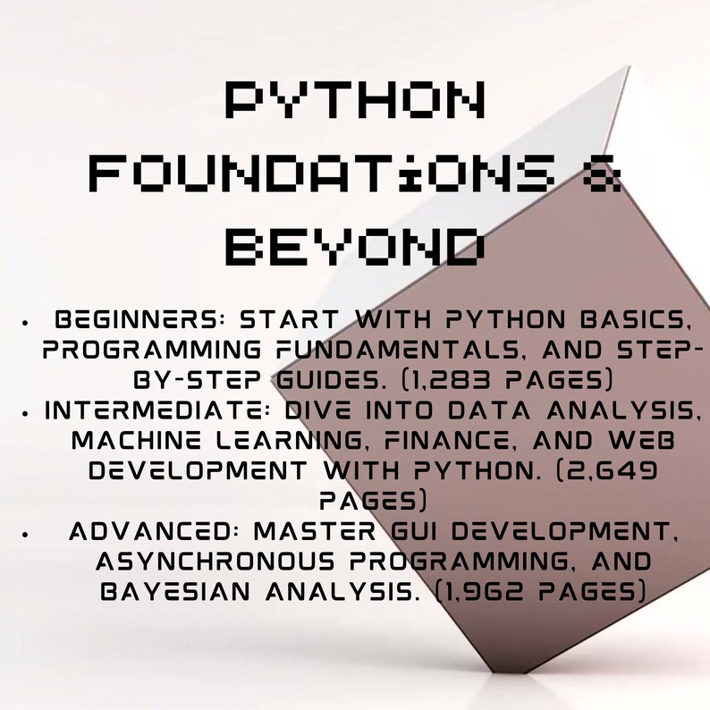 May include: A text-based graphic with the title "Python Foundations & Beyond" and a description of the book's contents for beginners, intermediate, and advanced learners. The book covers topics such as programming fundamentals, data analysis, machine learning, finance, web development, GUI development, asynchronous programming, and Bayesian analysis. The graphic also includes the number of pages for each section.