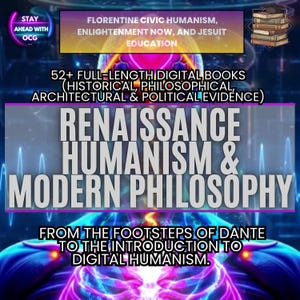 May include: Digital book advertisement with text: Renaissance Humanism & Modern Philosophy. Includes text about Florentine Civic Humanism, Enlightenment, and Jesuit Education. Features a stack of books and a vibrant, colorful background.