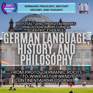 May include: Image promoting digital books on German language, history, and philosophy. Text includes "Germanic Philology, Military History, and Thought" and "180+ Full-Length Digital Books". The image features a building with a German flag.