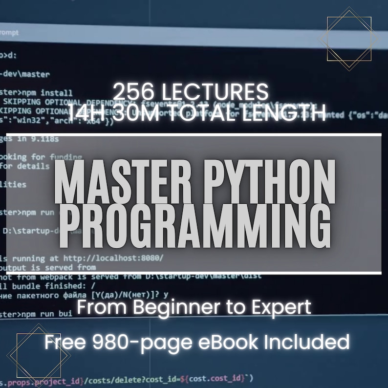 May include: A dark gray background with white text that reads "Master Python Programming" in a bold font. The text is surrounded by a white border. Below the text, there is a smaller white text that reads "From Beginner to Expert" and "Free 980-page eBook Included".