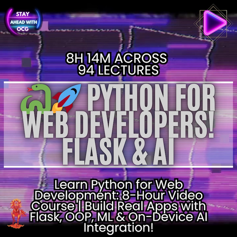 Puede incluir: Un gr&aacute;fico digital que promociona un curso de desarrollo web en Python. La imagen presenta el texto "PYTHON FOR WEB DEVELOPERS! FLASK & AI" y "Learn Python for Web Development: 8-Hour Video Course". El fondo es un degradado p&uacute;rpura y azul.