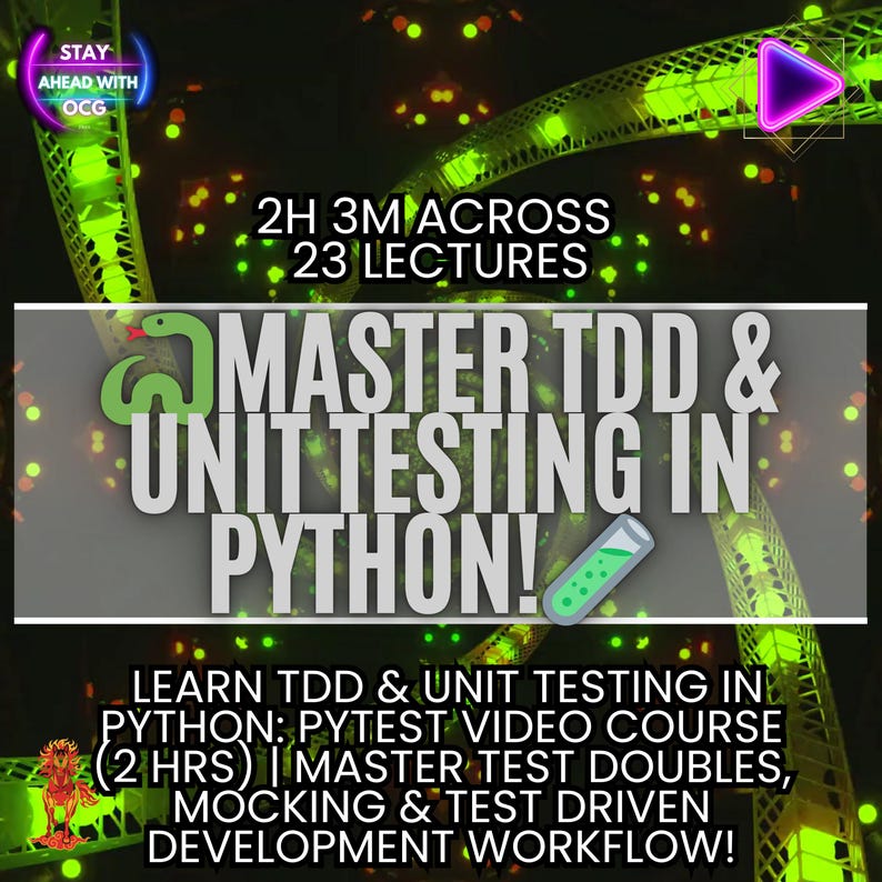 May include: A promotional graphic for a Python programming course. The image features the text "MASTER TDD & UNIT TESTING IN PYTHON!" and details about the course, including the duration and topics covered. The background has neon green and yellow accents.