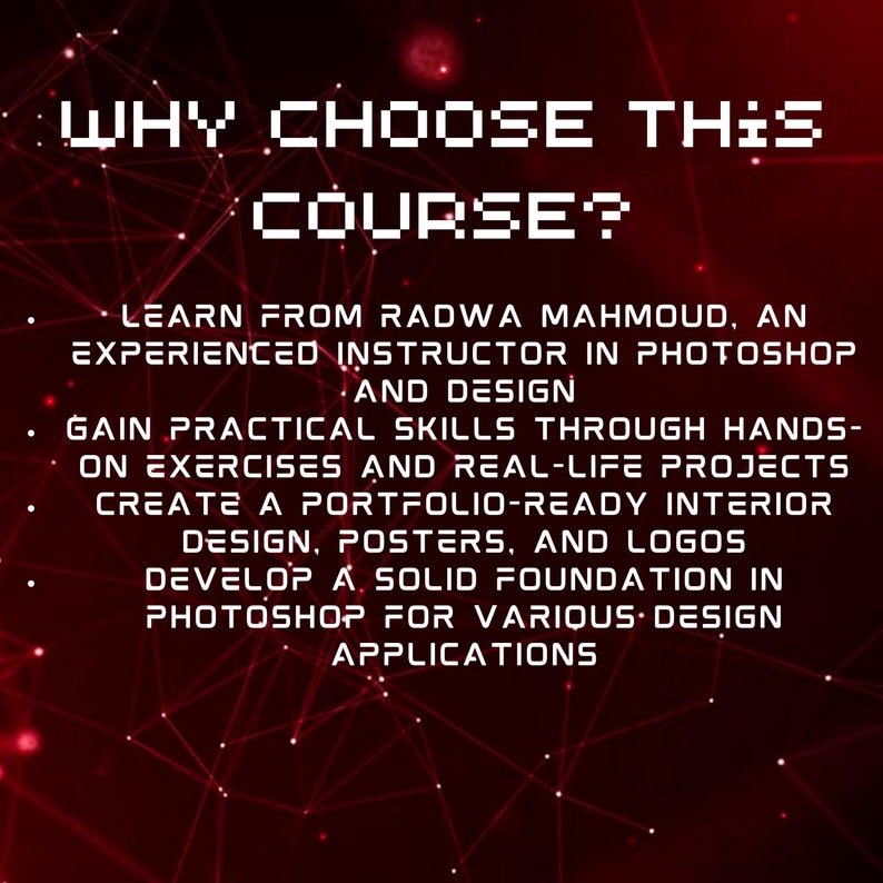 K&ouml;nnte beinhalten: Rote und schwarze Grafik mit dem Text "WHY CHOOSE THIS COURSE?" und einer Liste von Gr&uuml;nden, warum man diesen Kurs w&auml;hlen sollte. Zu den Gr&uuml;nden geh&ouml;ren das Lernen von einem erfahrenen Dozenten, das Erlernen praktischer F&auml;higkeiten, das Erstellen eines Portfolios und das Aufbauen einer soliden Grundlage in Photoshop.