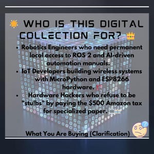 Puede incluir: Gr&aacute;fico digital con el texto "&iquest;PARA QUI&Eacute;N ES ESTA COLECCI&Oacute;N DIGITAL?" y vi&ntilde;etas que enumeran a los ingenieros en rob&oacute;tica, los desarrolladores de IoT y los hackers de hardware. El fondo es un cubo con c&oacute;digo binario.