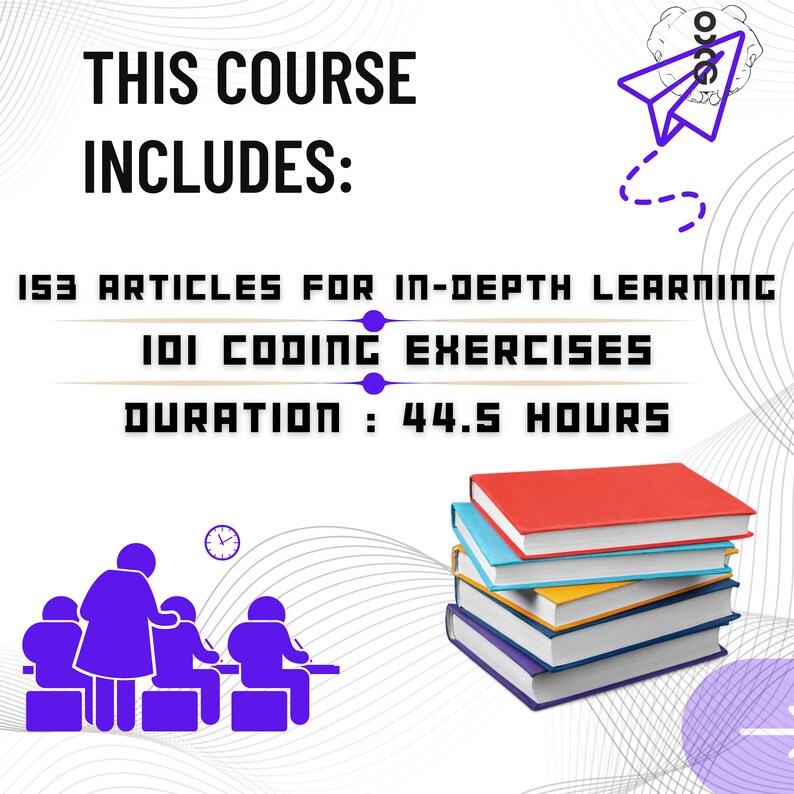 Puede incluir: Una ilustraci&oacute;n de un curso que incluye 153 art&iacute;culos para un aprendizaje en profundidad, 101 ejercicios de codificaci&oacute;n y una duraci&oacute;n de 44,5 horas. La ilustraci&oacute;n muestra a un grupo de personas sentadas en una mesa con un reloj y una pila de libros.