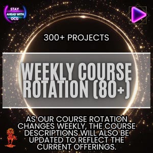 Könnte beinhalten: Eine Werbegrafik mit dunklem Hintergrund und goldenen Glitzerpunkten. Der Text enthält "300+ PROJEKTE" und "WÖCHENTLICHE KURSROTATION (80+)". Der Text "DA SICH UNSERE KURSROTATION WÖCHENTLICH ÄNDERT, WERDEN AUCH DIE KURSBESCHREIBUNG AKTUALISIERT, UM DIE AKTUELLE ANGEBOTE WIEDERZUSPIEGELN" ist ebenfalls vorhanden.