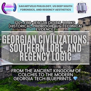 Op de afbeelding: Afbeelding met tekst over Georgische beschavingen, zuidelijke overlevering en Regency-logica. De tekst is geplaatst tegen een achtergrond van stenen gebouwen en een toren. Extra tekst vermeldt digitale boeken en het oude koninkrijk Colchis.