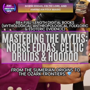 May include: A book cover with the title "Mastering the Myths: Norse Eddas, Celtic Druids & Hoodoo." The cover also includes text about digital books and American folk magic. The background is a dark purple.