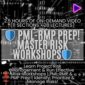 May include: Digital graphic with text promoting PML-RMP prep and master risk workshops. The image features the text "2.5 HOURS OF ON-DEMAND VIDEO" and "Learn Project Risk Management". A purple play button is in the upper right corner.