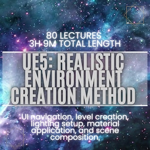 Könnte beinhalten: Eine Grafik mit einem sternenklaren Nachthimmel als Hintergrund und Text, der lautet: "80 VORLESUNGEN 3H 9M GESAMTDURCHLAUF UE5: REALISTISCHE UMWELT-ERSCHAFFUNGSMETHODE UI-Navigation, Level-Erstellung, Beleuchtungseinrichtung, Materialanwendung und Szenenkomposition."