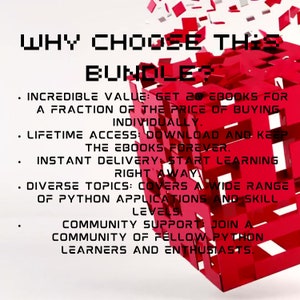 Pode incluir: Um cubo vermelho 3D com o texto "WHY CHOOSE THIS BUNDLE?" na frente. O cubo &eacute; feito de cubos vermelhos menores. O texto abaixo do t&iacute;tulo lista os benef&iacute;cios de comprar o pacote, incluindo valor incr&iacute;vel, acesso vital&iacute;cio, entrega instant&acirc;nea, t&oacute;picos diversos e suporte da comunidade.