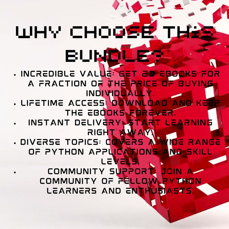 Pode incluir: Um cubo vermelho 3D com o texto "WHY CHOOSE THIS BUNDLE?" na frente. O cubo &eacute; feito de cubos vermelhos menores. O texto abaixo do t&iacute;tulo lista os benef&iacute;cios de comprar o pacote, incluindo valor incr&iacute;vel, acesso vital&iacute;cio, entrega instant&acirc;nea, t&oacute;picos diversos e suporte da comunidade.