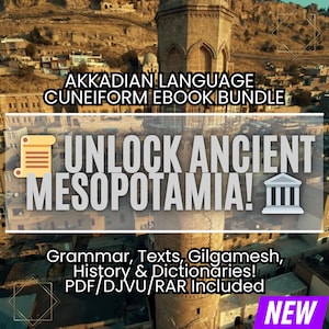 Puede incluir: Anuncio de un paquete de libros electrónicos de escritura cuneiforme en idioma acadio. La imagen presenta el texto "UNLOCK ANCIENT MESOPOTAMIA!" con texto adicional sobre gramática, textos e historia. El fondo muestra un edificio histórico.