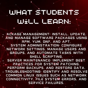 Peut inclure: Fond rouge avec du texte blanc d&eacute;crivant ce que les &eacute;tudiants apprendront dans un cours Linux. Le texte comprend des sujets tels que la gestion des paquets, l'administration syst&egrave;me, la maintenance des serveurs et la r&eacute;solution de probl&egrave;mes.