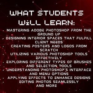 K&ouml;nnte beinhalten: Eine rote und schwarze Grafik mit wei&szlig;em Text, der "WAS STUDIERENDE LERNEN:" lautet und die F&auml;higkeiten auflistet, die Studierende in einem Photoshop-Kurs erlernen. Zu den F&auml;higkeiten geh&ouml;ren die Beherrschung von Adobe Photoshop, die Gestaltung von Innenr&auml;umen, die Erstellung von Postern und Logos, die Verwendung von Photoshop-Tools, die Erkundung von Pinseln und Auswahlwerkzeugen, das Verst&auml;ndnis der Photoshop-Oberfl&auml;che und Men&uuml;optionen, die Anwendung von Effekten zur Verbesserung von Designs, die nahtlose Bearbeitung von Fotos und vieles mehr.