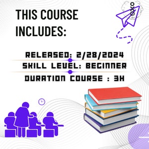 May include: A graphic with the text "THIS COURSE INCLUDES:" and information about the course, including the release date, skill level, and duration. The release date is 2/28/2024, the skill level is beginner, and the duration is 3 hours. The graphic also includes an illustration of a group of people sitting at a table, a clock, and a stack of books.