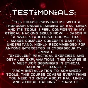 K&ouml;nnte beinhalten: Testimonials von Studenten, die einen Kurs &uuml;ber Kali Linux und ethisches Hacking belegt haben. Die Testimonials heben die Wirksamkeit des Kurses hervor, ein umfassendes Verst&auml;ndnis des Themas und seiner praktischen Anwendungen zu vermitteln.
