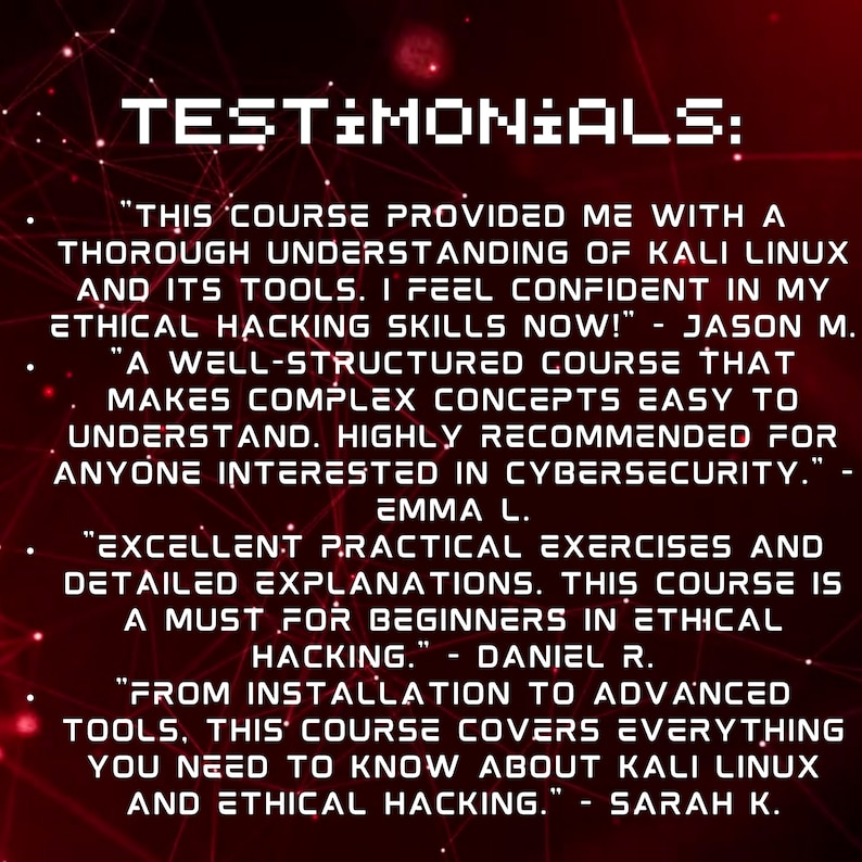 K&ouml;nnte beinhalten: Testimonials von Studenten, die einen Kurs &uuml;ber Kali Linux und ethisches Hacking belegt haben. Die Testimonials heben die Wirksamkeit des Kurses hervor, ein umfassendes Verst&auml;ndnis des Themas und seiner praktischen Anwendungen zu vermitteln.