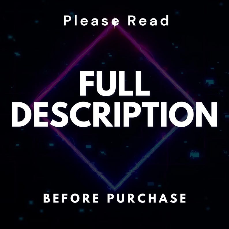 Może przedstawiać: Czarne tło z świecącym fioletowym i r&oacute;żowym kształtem diamentu. Biały tekst brzmi "Please Read", "FULL DESCRIPTION" i "BEFORE PURCHASE". Obraz ma cyfrową, futurystyczną estetykę.