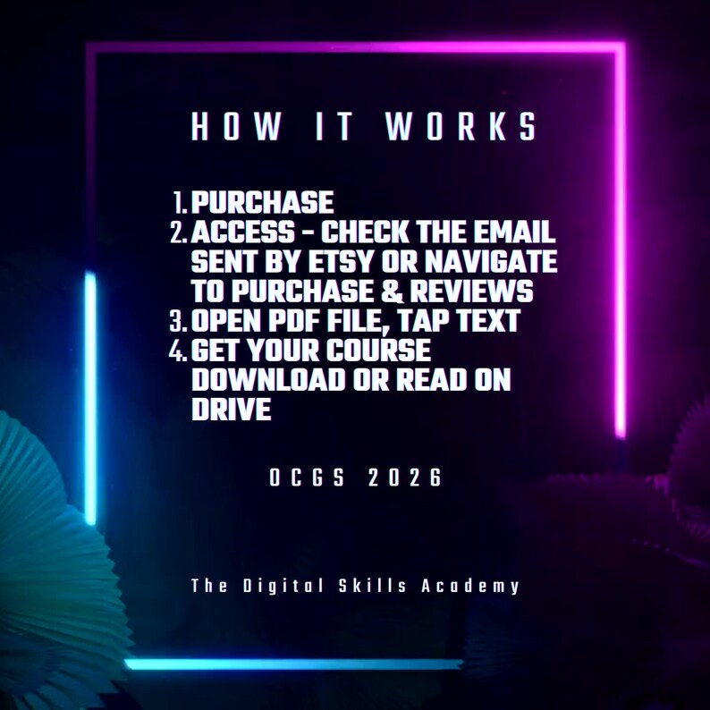 K&ouml;nnte beinhalten: Digitalgrafik mit dunklem Hintergrund und neonblauen und rosa Akzenten. Der Text "HOW IT WORKS" steht oben, gefolgt von nummerierten Schritten f&uuml;r den Zugriff auf einen Kurs. Das Logo der Digital Skills Academy befindet sich unten.