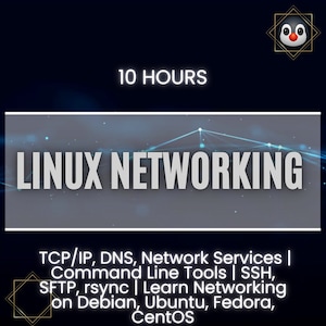Puede incluir: Gráfico azul oscuro con el texto "10 HOURS" encima de "LINUX NETWORKING". Debajo, enumera temas como TCP/IP, DNS y SSH. Un icono de pingüino está en la esquina superior derecha. La imagen es para fines educativos.