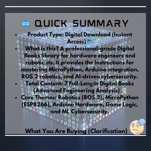 Puede incluir: Resumen de un producto digital titulado "QUICK SUMMARY". Describe una biblioteca de libros digitales de grado profesional para ingenieros de hardware y rob&oacute;ticos, que cubre temas como MicroPython y Arduino.