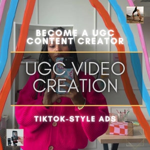 May include: A person in a pink sweater holds a phone with a colorful case. The phone is reflecting a mirror behind them. The text on the image reads "Become a UGC Content Creator", "UGC Video Creation", and "TikTok-Style Ads".