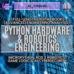 Puede incluir: Imagen que promociona libros digitales sobre Python, hardware e ingeniería robótica. El texto incluye "7 libros digitales completos" y temas como MicroPython, robótica ROS 2, lógica de juegos y ciberseguridad de IA. El fondo tiene un diseño de placa de circuito digital.