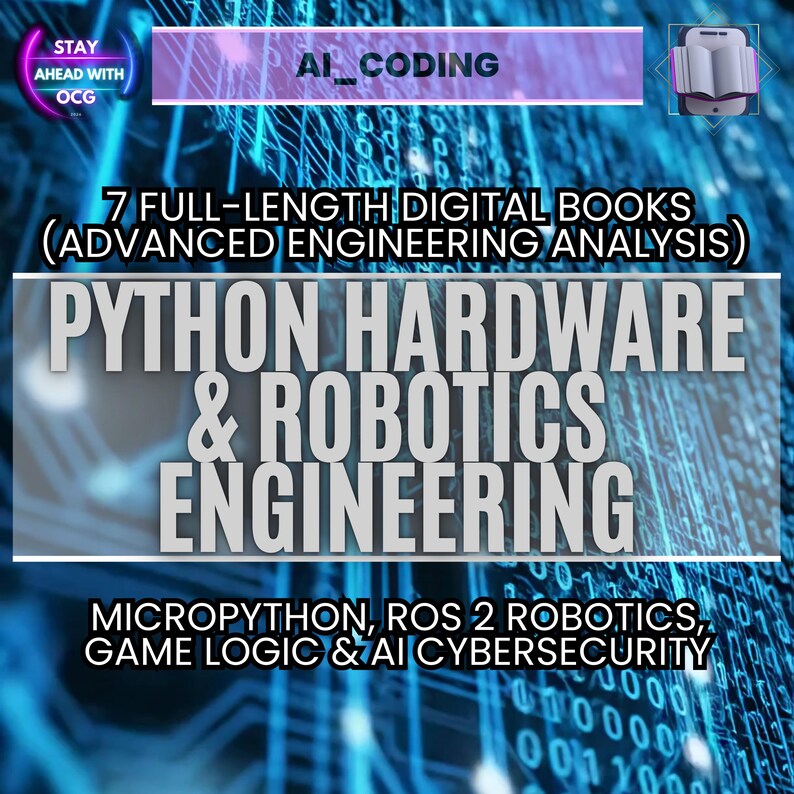 Puede incluir: Imagen que promociona libros digitales sobre Python, hardware e ingenier&iacute;a rob&oacute;tica. El texto incluye "7 libros digitales completos" y temas como MicroPython, rob&oacute;tica ROS 2, l&oacute;gica de juegos y ciberseguridad de IA. El fondo tiene un dise&ntilde;o de placa de circuito digital.