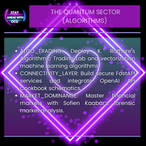 May include: A purple and black graphic with the text "THE QUANTUM SECTOR (ALGORITHMS)". The image includes bullet points with descriptions of algorithmic trading, connectivity, and market dominance. The OCG logo is in the upper left corner.