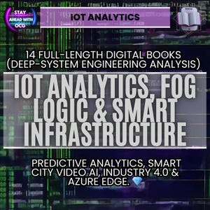 May include: A digital graphic with the text "IOT ANALYTICS" and "14 FULL-LENGTH DIGITAL BOOKS". Additional text includes "IOT ANALYTICS, FOG LOGIC & SMART INFRASTRUCTURE" and "PREDICTIVE ANALYTICS, SMART CITY VIDEO AI, INDUSTRY 4.0 & AZURE EDGE."