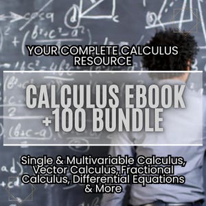 以下が含まれることがあります： 黒板に数学の式が書かれた前で、人が立っている白黒の画像。黒板には「CALCULUS EBOOK +100 BUNDLE」という文字が大きく白く書かれている。バンドルタイトルの下のテキストには、「単変数と多変数の微積分、ベクトル微積分、分数微積分、微分方程式など」と書かれている。
