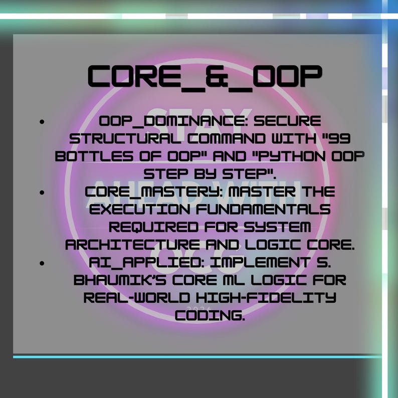 May include: A digital graphic with the text "CORE & OOP" in a bold, sans-serif font. Below, bullet points detail OOP dominance, core mastery, and AI application for coding. The background features a gradient of purple and pink.