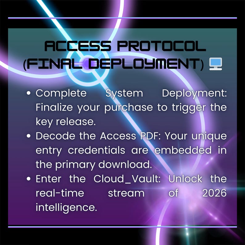 May include: A digital graphic with the text "ACCESS PROTOCOL (FINAL DEPLOYMENT)". The image includes bullet points detailing system deployment, PDF decoding, and cloud access. The background features neon purple and blue lines.