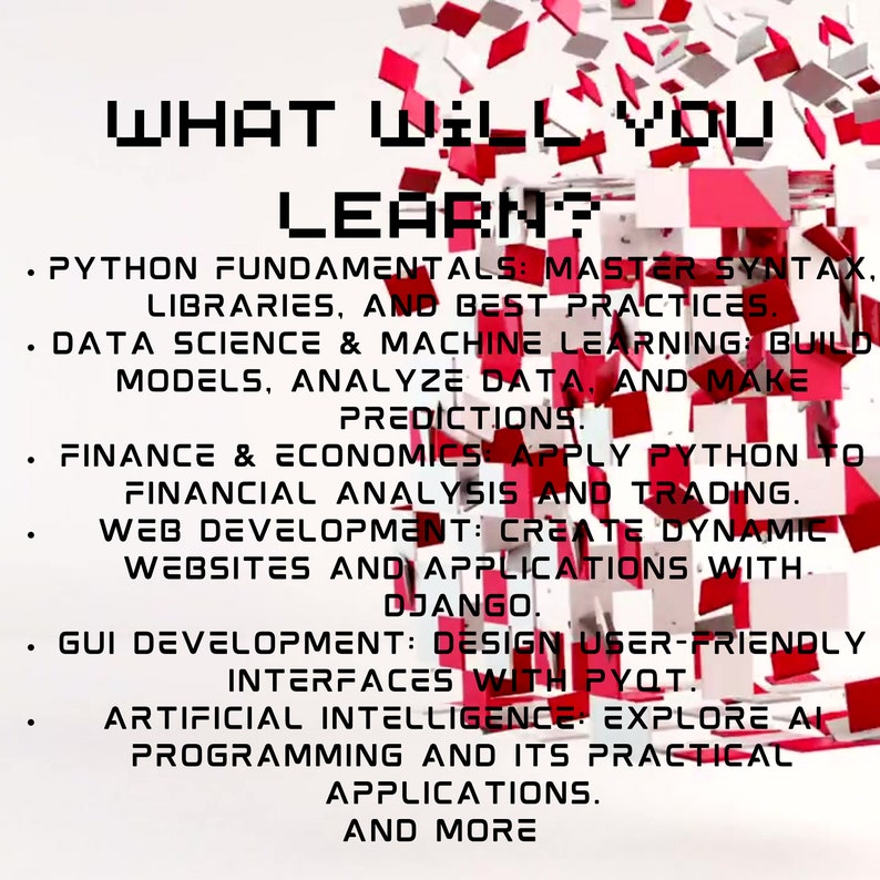 Pode incluir: Um gr&aacute;fico vermelho e branco com o texto "WHAT WILL YOU LEARN?" e uma lista de habilidades e t&oacute;picos de programa&ccedil;&atilde;o, incluindo os fundamentos do Python, ci&ecirc;ncia de dados, aprendizado de m&aacute;quina, finan&ccedil;as e economia, desenvolvimento web, desenvolvimento de GUI e intelig&ecirc;ncia artificial.