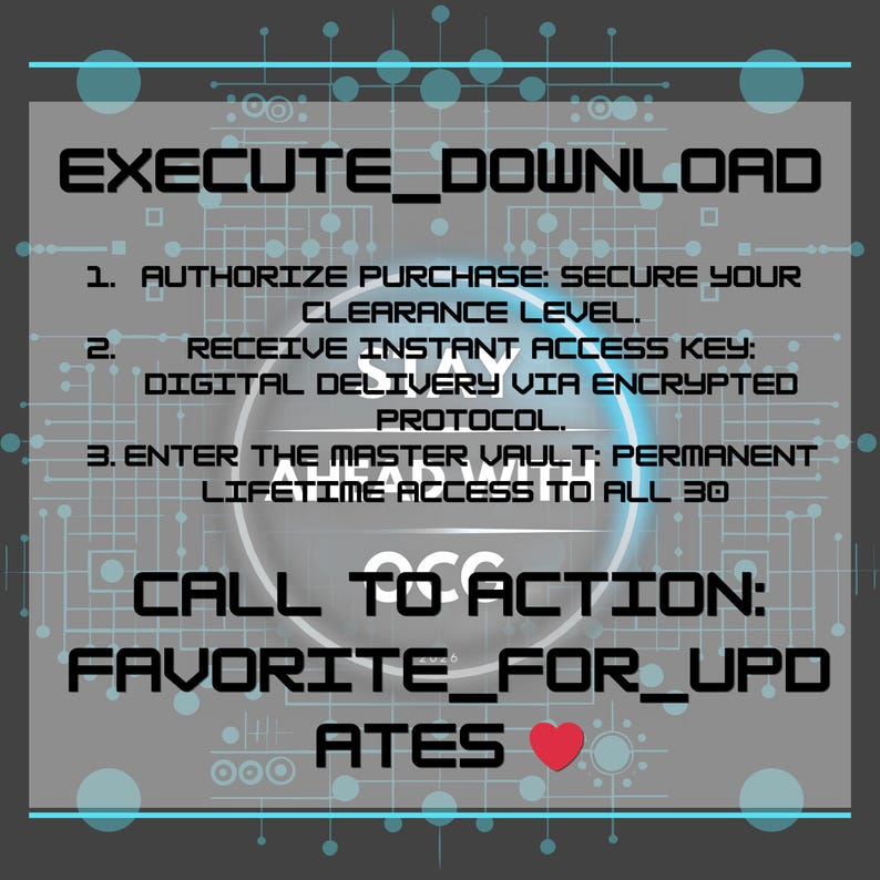 May include: A digital graphic with the text "EXECUTE_DOWNLOAD" at the top. Instructions include authorizing purchase, receiving an access key, and entering a master vault. A call to action encourages favoriting for updates.