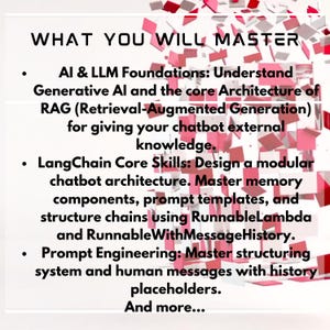 Puede incluir: Fondo blanco con texto negro: "QU&Eacute; DOMINAR&Aacute;S". Los puntos clave incluyen fundamentos de IA, habilidades b&aacute;sicas de LangChain e ingenier&iacute;a de indicaciones. Formas geom&eacute;tricas rojas en el fondo.