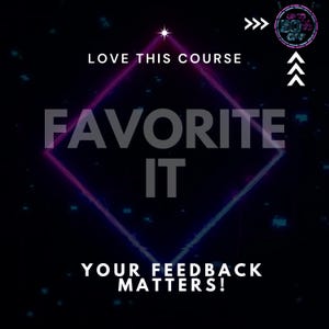 Pode incluir: Gr&aacute;fico digital com fundo preto e formas geom&eacute;tricas em n&eacute;on roxo e rosa. O texto diz "LOVE THIS COURSE", "FAVORITE IT" e "YOUR FEEDBACK MATTERS!". H&aacute; um gr&aacute;fico circular que diz "UP TO 50% OFF".