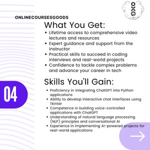 Puede incluir: Un c&iacute;rculo morado con el n&uacute;mero 04 en su interior. El texto de la imagen dice "Online Courses Goods" y "What You Get:" con una lista de beneficios. El texto contin&uacute;a con "Skills You'll Gain:" y una lista de habilidades aprendidas en el curso. La imagen tambi&eacute;n incluye una flecha que apunta hacia la derecha.