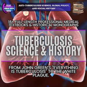 Può includere: Un'immagine che promuove libri di testo medici e monografie storiche sulla tubercolosi. L'immagine presenta un'illustrazione stilizzata dei polmoni con testo sovrapposto. Il testo include "Tubercolosi Scienza e Storia" e "Scienza antitubercolare, politica globale e storia sociale."