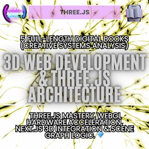 Könnte beinhalten: Bild zur Förderung der 3D-Webentwicklung und der Three.js-Architektur. Das Bild enthält Text mit der Aufschrift "5 Full-Length Digital Books (Creative Systems Analysis)" und "3D Web Development & Three.js Architecture". Zusätzlicher Text lautet "Three.js Mastery, WebGL, Hardware Acceleration, Next.js 3D Integration & Scene Graph Logic."