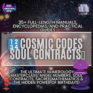 以下が含まれることがあります： 数秘術マスタークラスの広告。画像には「COSMIC CODES SOUL CONTRACTS」の文字と数字の1、2、3、4が表示されています。追加のテキストには「35+ FULL-LENGTH MANUALS」と「THE ULTIMATE NUMEROLOGY MASTERCLASS」が含まれています。背景は星空です。