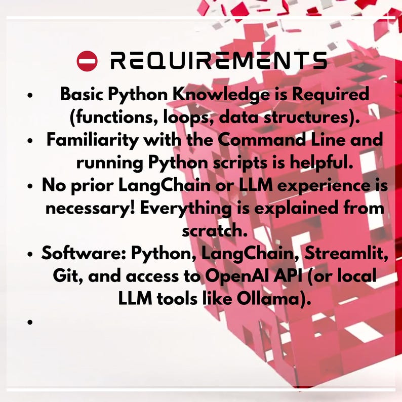 Puede incluir: Un gr&aacute;fico con el t&iacute;tulo "REQUIREMENTS" y vi&ntilde;etas que enumeran los requisitos previos para un proyecto de software. El texto incluye "Basic Python Knowledge", "Command Line" y "OpenAI API".