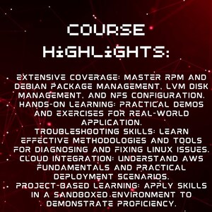 Peut inclure: Un graphique rouge et noir avec du texte blanc d&eacute;crivant les points forts d'un cours Linux. Le cours couvre des sujets tels que la gestion des paquets, la gestion des disques et les comp&eacute;tences de d&eacute;pannage.