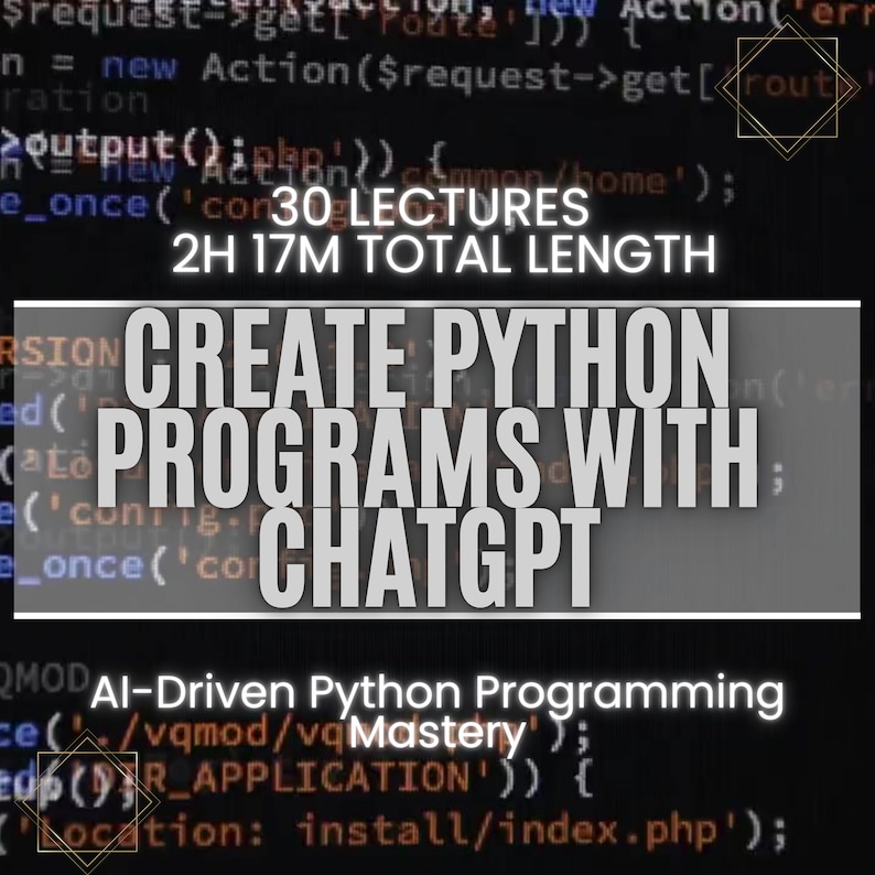 以下が含まれることがあります： 白黒の画像で、太字の白いフォントで「CREATE PYTHON PROGRAMS WITH CHATGPT」というテキストが表示されています。テキストは、ぼやけたコンピューターコードの画像の上に重ねられています。テキストの下には、より小さな白いフォントで「AI-Driven Python Programming Mastery」というフレーズがあります。