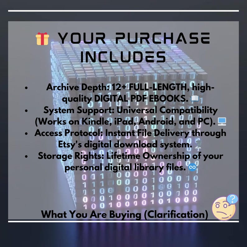 May include: A digital graphic with the text "YOUR PURCHASE INCLUDES" and bullet points detailing the purchase. The graphic includes a 3D cube design and the text "What You Are Buying (Clarification)".